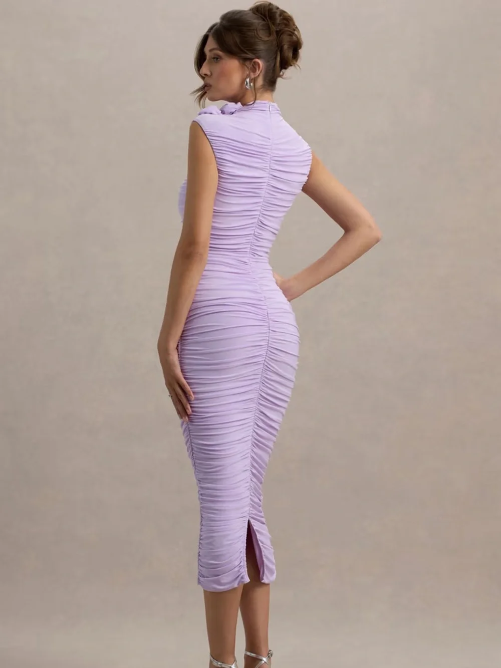 Club L London Bridget Lilac High-Neck Gathered Midi Dress With Floral